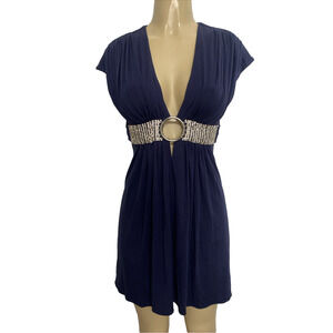 SKY Dress V neck Cap sleeve Jersey Mini Flare Tunic Navy Blue Crystal M